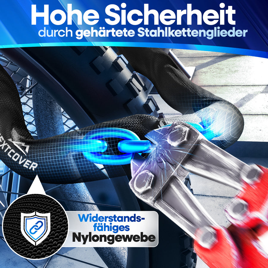 Sicheres Nextcover Kettenschloss im Härtetest: Hohe Sicherheit durch gehärtete Stahlkettenglieder und widerstandsfähiges Nylongewebe zum Schutz vor Bolzenschneidern.