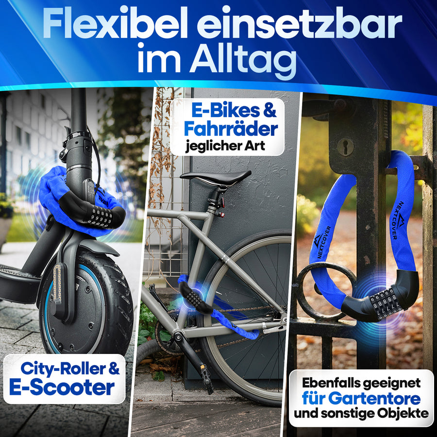 Flexibles Nextcover Kettenschloss im Alltag: Sicherer Diebstahlschutz für E-Scooter, City-Roller, E-Bikes und Fahrräder jeglicher Art sowie Gartentore und sonstige Objekte.