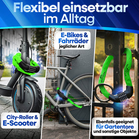 Flexibles Nextcover Kettenschloss im Alltag: Sicherer Diebstahlschutz für E-Scooter, City-Roller, E-Bikes und Fahrräder jeglicher Art sowie Gartentore und sonstige Objekte.