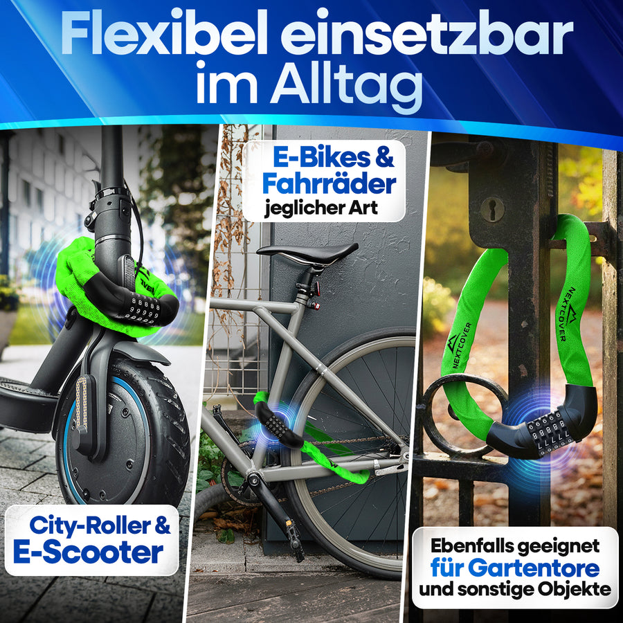 Flexibles Nextcover Kettenschloss im Alltag: Sicherer Diebstahlschutz für E-Scooter, City-Roller, E-Bikes und Fahrräder jeglicher Art sowie Gartentore und sonstige Objekte.