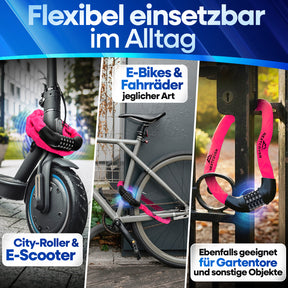 Flexibles Nextcover Kettenschloss im Alltag: Sicherer Diebstahlschutz für E-Scooter, City-Roller, E-Bikes und Fahrräder jeglicher Art sowie Gartentore und sonstige Objekte.