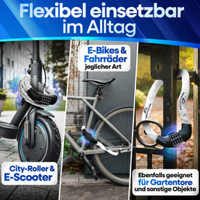 Flexibles Nextcover Kettenschloss im Alltag: Sicherer Diebstahlschutz für E-Scooter, City-Roller, E-Bikes und Fahrräder jeglicher Art sowie Gartentore und sonstige Objekte.
