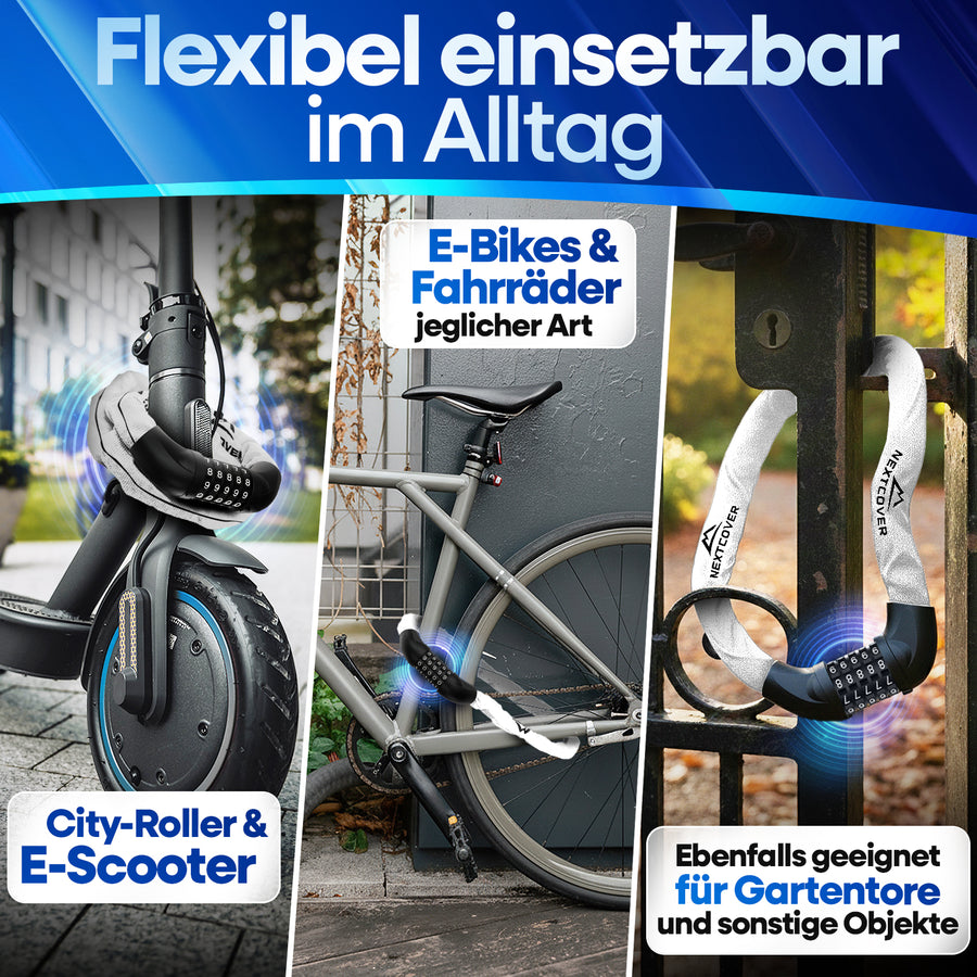 Flexibles Nextcover Kettenschloss im Alltag: Sicherer Diebstahlschutz für E-Scooter, City-Roller, E-Bikes und Fahrräder jeglicher Art sowie Gartentore und sonstige Objekte.