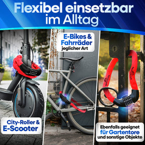 Flexibles Nextcover Kettenschloss im Alltag: Sicherer Diebstahlschutz für E-Scooter, City-Roller, E-Bikes und Fahrräder jeglicher Art sowie Gartentore und sonstige Objekte.