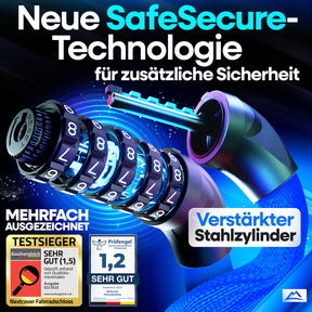 Nextcover Kettenschloss mit SafeSecure-Technology: Detailansicht des verstärkten Stahlstifts und 5-stelligem Zahlencode für maximale Sicherheit – Testsieger mit Note 1,2 (Sehr Gut).