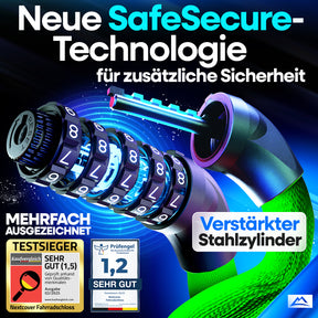 Nextcover Kettenschloss mit SafeSecure-Technology: Detailansicht des verstärkten Stahlstifts und 5-stelligem Zahlencode für maximale Sicherheit – Testsieger mit Note 1,2 (Sehr Gut).