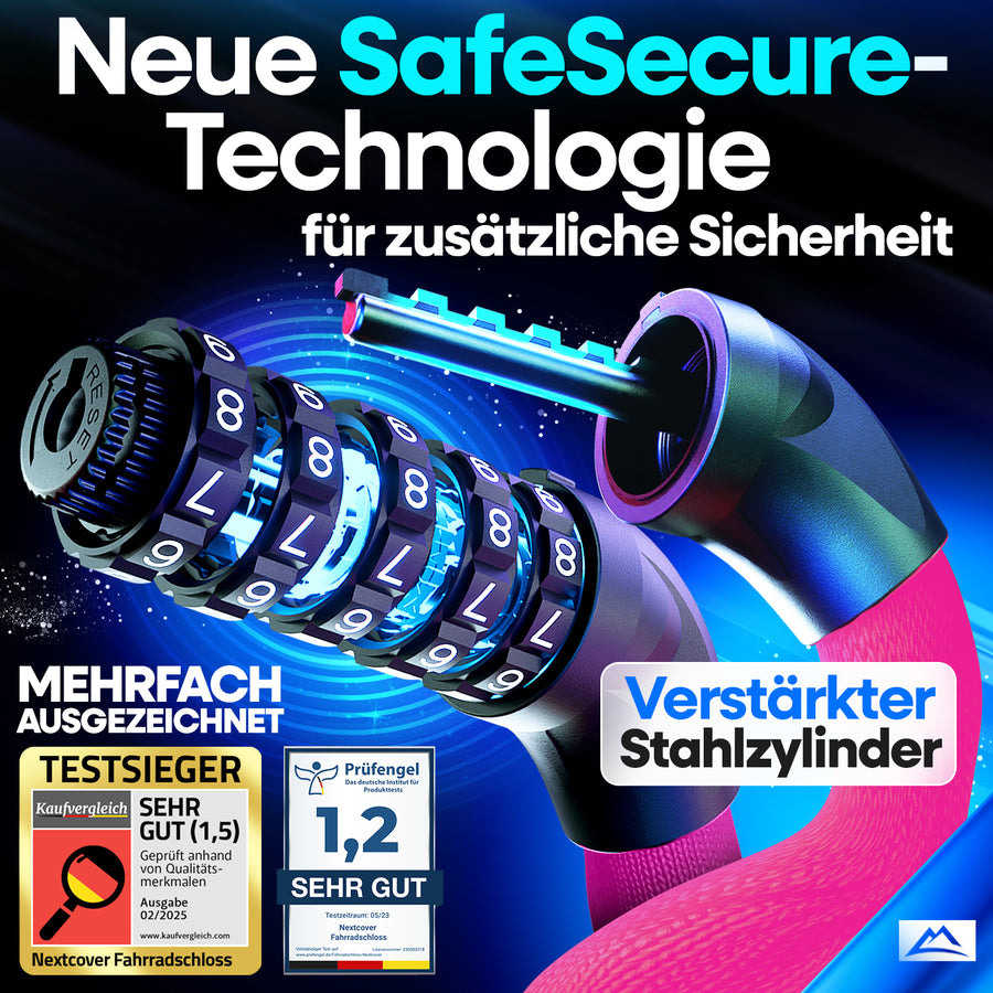 Nextcover Kettenschloss mit SafeSecure-Technology: Detailansicht des verstärkten Stahlstifts und 5-stelligem Zahlencode für maximale Sicherheit – Testsieger mit Note 1,2 (Sehr Gut).