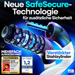 Nextcover Kettenschloss mit SafeSecure-Technology: Detailansicht des verstärkten Stahlstifts und 5-stelligem Zahlencode für maximale Sicherheit – Testsieger mit Note 1,2 (Sehr Gut).