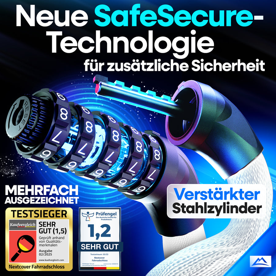 Nextcover Kettenschloss mit SafeSecure-Technology: Detailansicht des verstärkten Stahlstifts und 5-stelligem Zahlencode für maximale Sicherheit – Testsieger mit Note 1,2 (Sehr Gut).