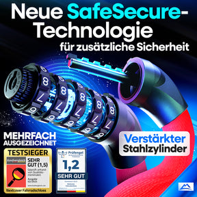 Nextcover Kettenschloss mit SafeSecure-Technology: Detailansicht des verstärkten Stahlstifts und 5-stelligem Zahlencode für maximale Sicherheit – Testsieger mit Note 1,2 (Sehr Gut).