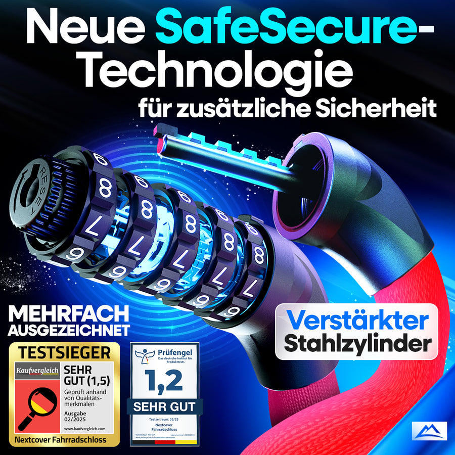 Nextcover Kettenschloss mit SafeSecure-Technology: Detailansicht des verstärkten Stahlstifts und 5-stelligem Zahlencode für maximale Sicherheit – Testsieger mit Note 1,2 (Sehr Gut).
