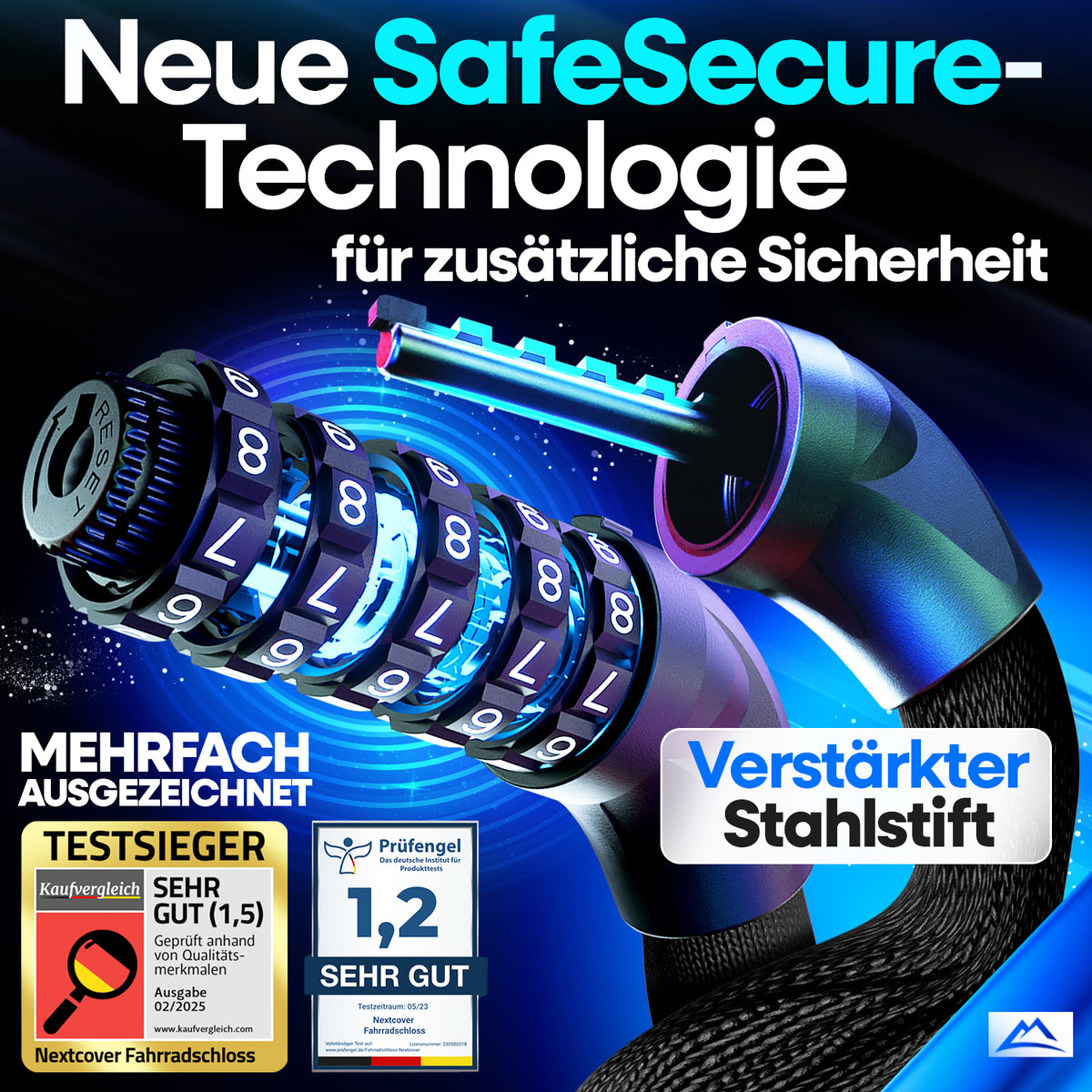 Nextcover Kettenschloss mit SafeSecure-Technology: Detailansicht des verstärkten Stahlstifts und 5-stelligem Zahlencode für maximale Sicherheit – Testsieger mit Note 1,2 (Sehr Gut).