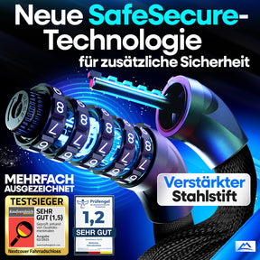 Nextcover Kettenschloss mit SafeSecure-Technology: Detailansicht des verstärkten Stahlstifts und 5-stelligem Zahlencode für maximale Sicherheit – Testsieger mit Note 1,2 (Sehr Gut).