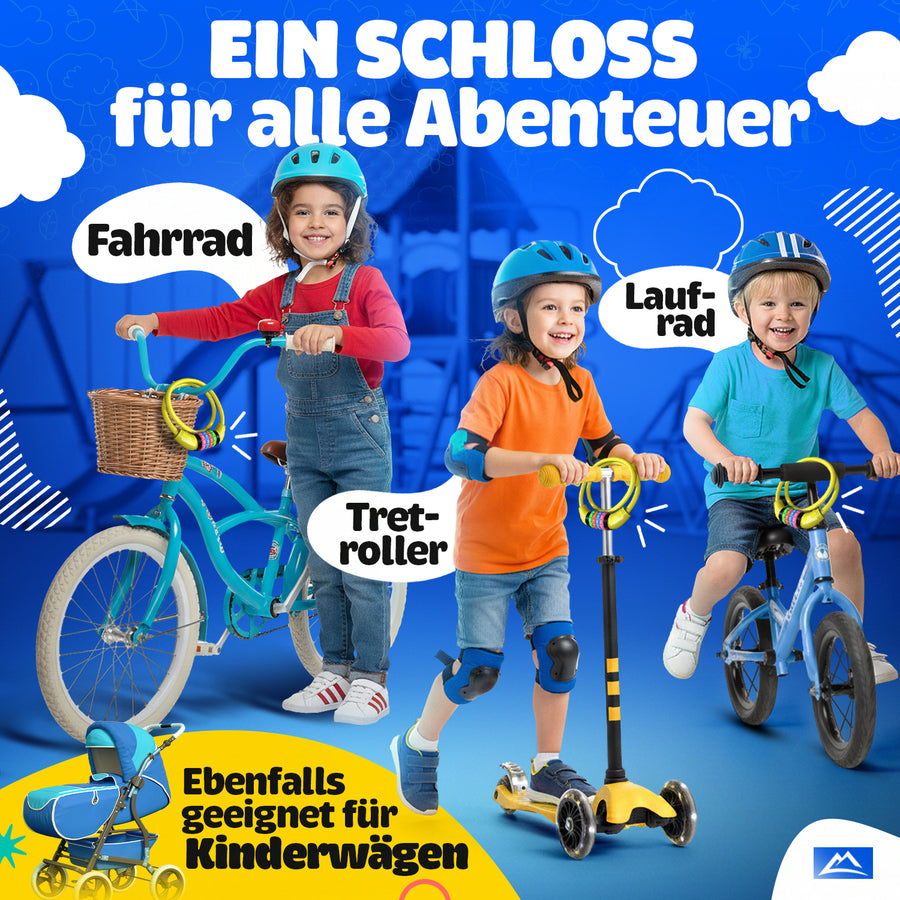 Nextcover Kinder Fahrradschloss – vielseitiges Zahlenschloss für Fahrrad, Laufrad, Tretroller und Kinderwagen, ideal für junge Abenteurer. Bunte Zahlenringe erleichtern die Bedienung und sorgen für Sicherheit bei jedem Ausflug.