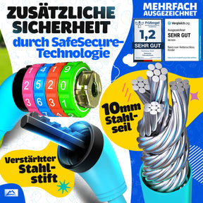 Nextcover Kinder Fahrradschloss mit sicherer SafeSecure-Technologie, verstärktem Stahlstift und 10 mm Stahlseil – robustes Zahlenschloss für Kinderfahrräder, mehrfach ausgezeichnet mit Note 1,2 „Sehr gut“ für maximale Sicherheit und Stabilität.