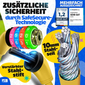 Nextcover Kinder Fahrradschloss mit sicherer SafeSecure-Technologie, verstärktem Stahlstift und 10 mm Stahlseil – robustes Zahlenschloss für Kinderfahrräder, mehrfach ausgezeichnet mit Note 1,2 „Sehr gut“ für maximale Sicherheit und Stabilität.