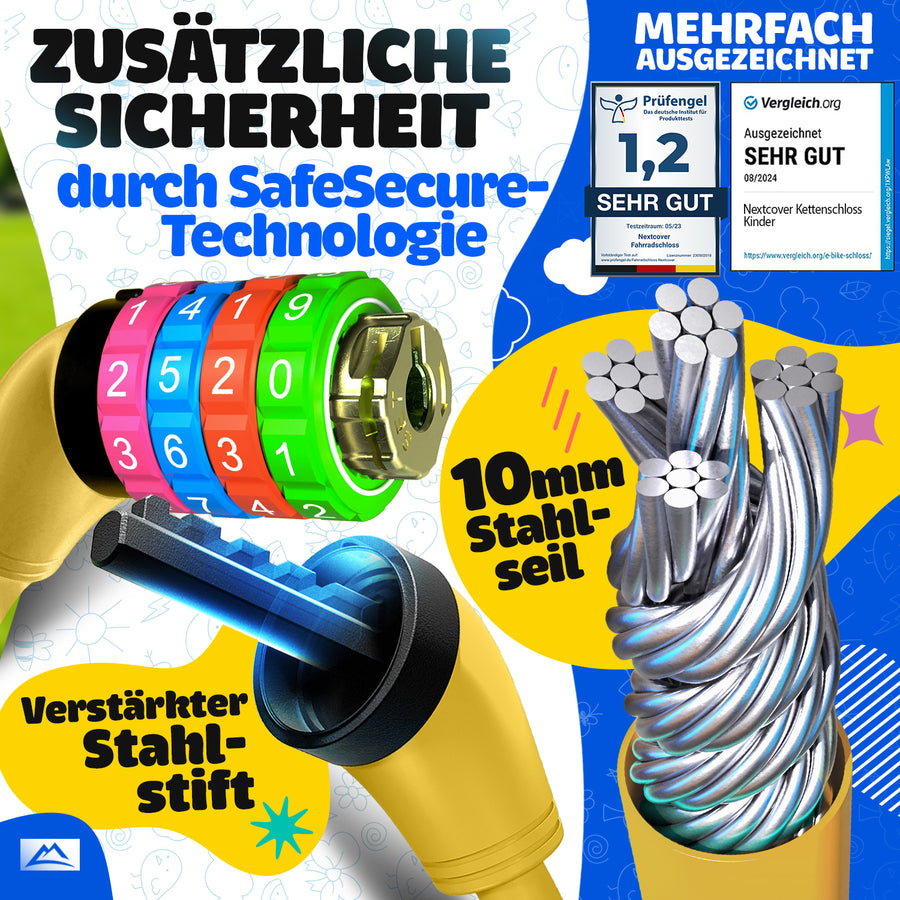 Nextcover Kinder Fahrradschloss mit sicherer SafeSecure-Technologie, verstärktem Stahlstift und 10 mm Stahlseil – robustes Zahlenschloss für Kinderfahrräder, mehrfach ausgezeichnet mit Note 1,2 „Sehr gut“ für maximale Sicherheit und Stabilität.