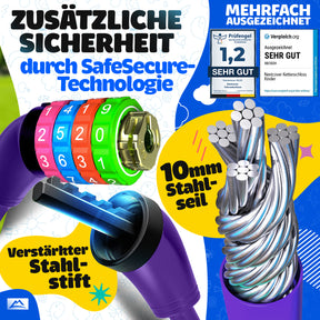 Nextcover Kinder Fahrradschloss mit sicherer SafeSecure-Technologie, verstärktem Stahlstift und 10 mm Stahlseil – robustes Zahlenschloss für Kinderfahrräder, mehrfach ausgezeichnet mit Note 1,2 „Sehr gut“ für maximale Sicherheit und Stabilität.