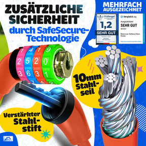Nextcover Kinder Fahrradschloss mit sicherer SafeSecure-Technologie, verstärktem Stahlstift und 10 mm Stahlseil – robustes Zahlenschloss für Kinderfahrräder, mehrfach ausgezeichnet mit Note 1,2 „Sehr gut“ für maximale Sicherheit und Stabilität.
