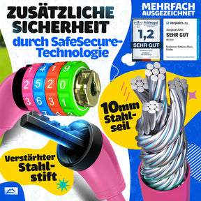 Nextcover Kinder Fahrradschloss mit sicherer SafeSecure-Technologie, verstärktem Stahlstift und 10 mm Stahlseil – robustes Zahlenschloss für Kinderfahrräder, mehrfach ausgezeichnet mit Note 1,2 „Sehr gut“ für maximale Sicherheit und Stabilität.
