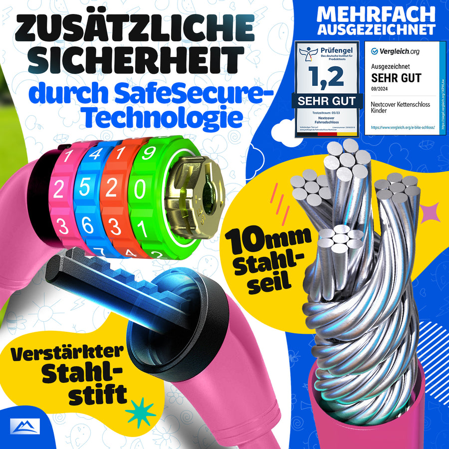 Nextcover Kinder Fahrradschloss mit sicherer SafeSecure-Technologie, verstärktem Stahlstift und 10 mm Stahlseil – robustes Zahlenschloss für Kinderfahrräder, mehrfach ausgezeichnet mit Note 1,2 „Sehr gut“ für maximale Sicherheit und Stabilität.