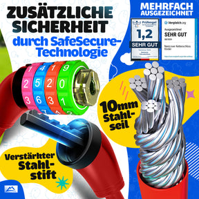 Nextcover Kinder Fahrradschloss mit sicherer SafeSecure-Technologie, verstärktem Stahlstift und 10 mm Stahlseil – robustes Zahlenschloss für Kinderfahrräder, mehrfach ausgezeichnet mit Note 1,2 „Sehr gut“ für maximale Sicherheit und Stabilität.