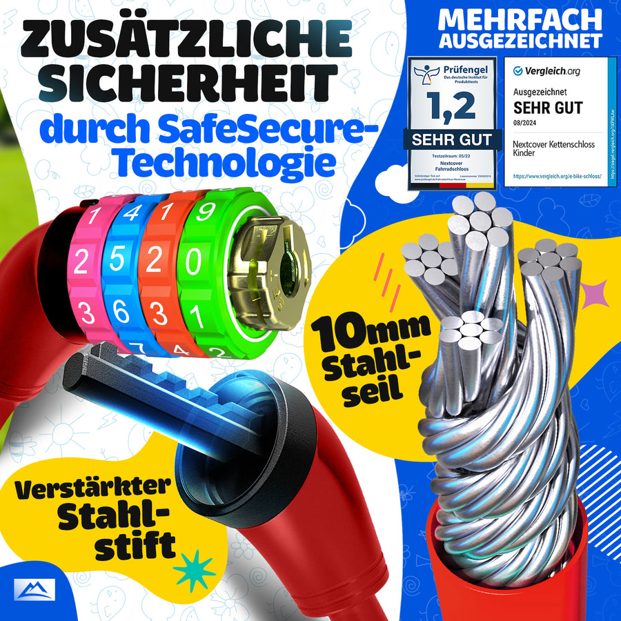 Nextcover Kinder Fahrradschloss mit sicherer SafeSecure-Technologie, verstärktem Stahlstift und 10 mm Stahlseil – robustes Zahlenschloss für Kinderfahrräder, mehrfach ausgezeichnet mit Note 1,2 „Sehr gut“ für maximale Sicherheit und Stabilität.