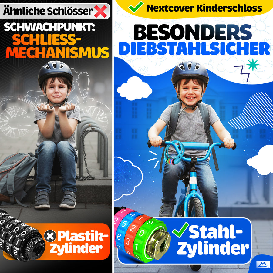Nextcover Kinder Fahrradschloss mit robustem Stahlzylinder – besonders diebstahlsicher im Vergleich zu herkömmlichen Schlössern mit Plastikzylinder. Hochwertiges Zahlenschloss für Kinderfahrräder mit buntem Design und maximaler Sicherheit.