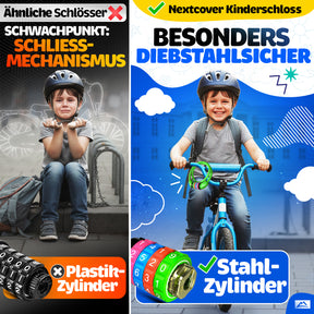 Nextcover Kinder Fahrradschloss mit robustem Stahlzylinder – besonders diebstahlsicher im Vergleich zu herkömmlichen Schlössern mit Plastikzylinder. Hochwertiges Zahlenschloss für Kinderfahrräder mit buntem Design und maximaler Sicherheit.