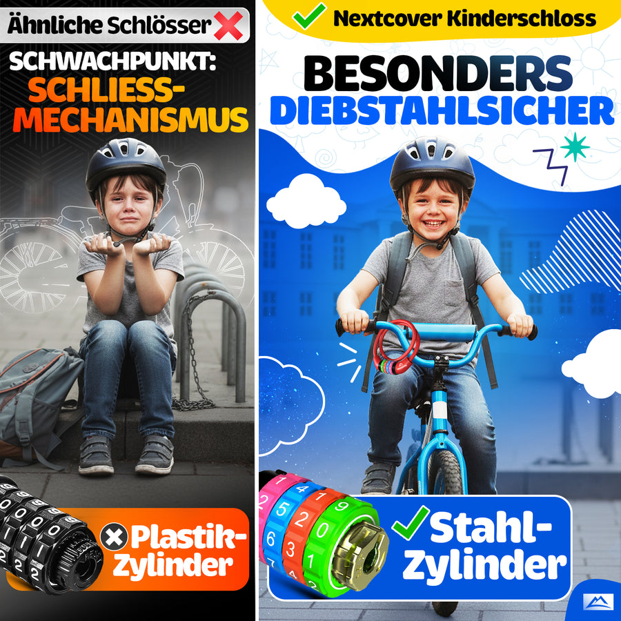 Nextcover Kinder Fahrradschloss mit robustem Stahlzylinder – besonders diebstahlsicher im Vergleich zu herkömmlichen Schlössern mit Plastikzylinder. Hochwertiges Zahlenschloss für Kinderfahrräder mit buntem Design und maximaler Sicherheit.