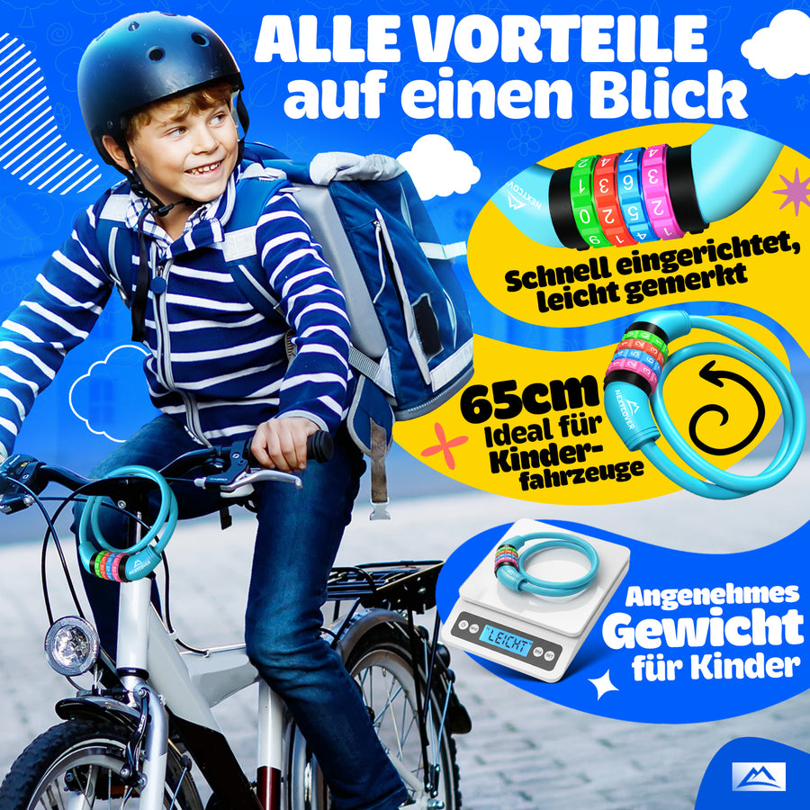 Nextcover Kinder Fahrradschloss – das perfekte Geschenk für Kinder zum Geburtstag, zur Einschulung, zum Kita-Start oder zu Weihnachten. Buntes Zahlenschloss mit 3 Jahren Garantie, ideal für junge Radfahrer als sichere und praktische Geschenkidee.