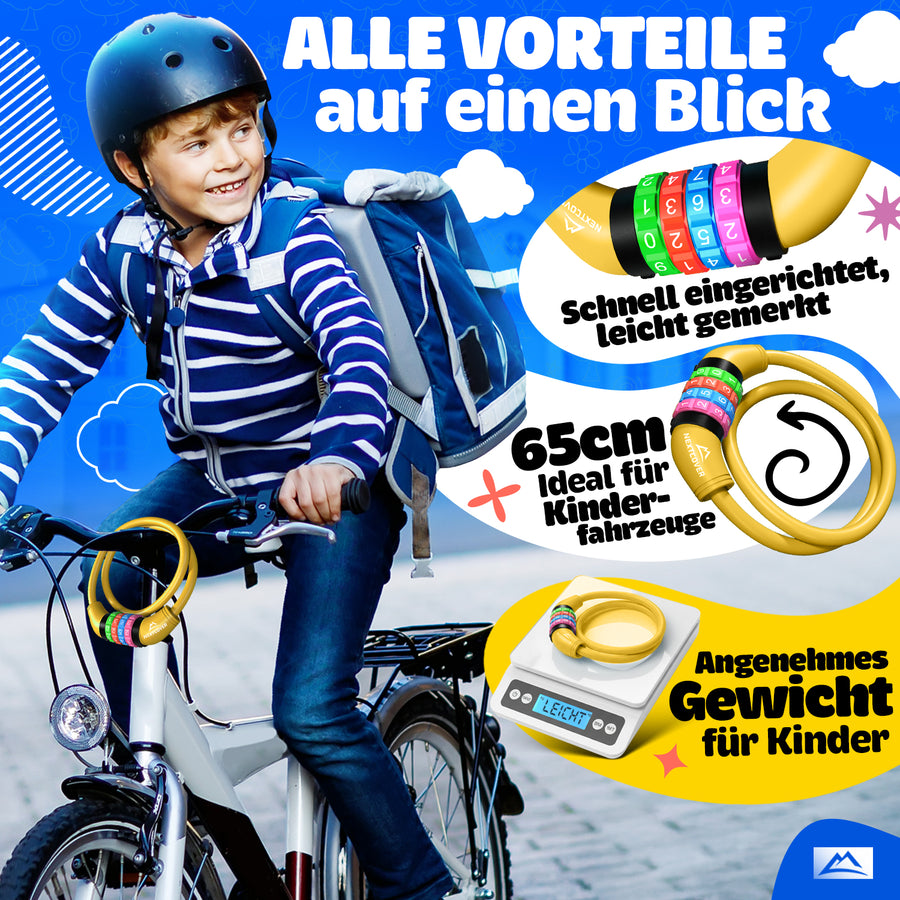 Nextcover Kinder Fahrradschloss – das perfekte Geschenk für Kinder zum Geburtstag, zur Einschulung, zum Kita-Start oder zu Weihnachten. Buntes Zahlenschloss mit 3 Jahren Garantie, ideal für junge Radfahrer als sichere und praktische Geschenkidee.
