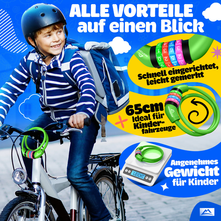 Nextcover Kinder Fahrradschloss – das perfekte Geschenk für Kinder zum Geburtstag, zur Einschulung, zum Kita-Start oder zu Weihnachten. Buntes Zahlenschloss mit 3 Jahren Garantie, ideal für junge Radfahrer als sichere und praktische Geschenkidee.