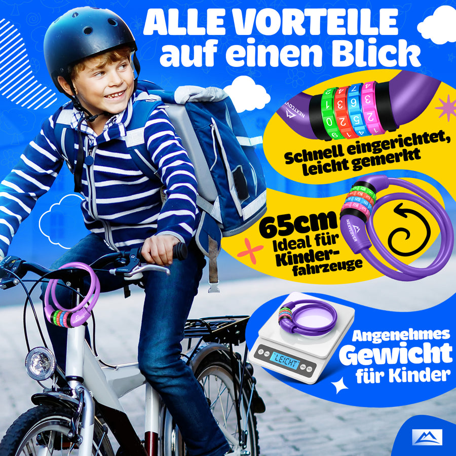 Nextcover Kinder Fahrradschloss – das perfekte Geschenk für Kinder zum Geburtstag, zur Einschulung, zum Kita-Start oder zu Weihnachten. Buntes Zahlenschloss mit 3 Jahren Garantie, ideal für junge Radfahrer als sichere und praktische Geschenkidee.