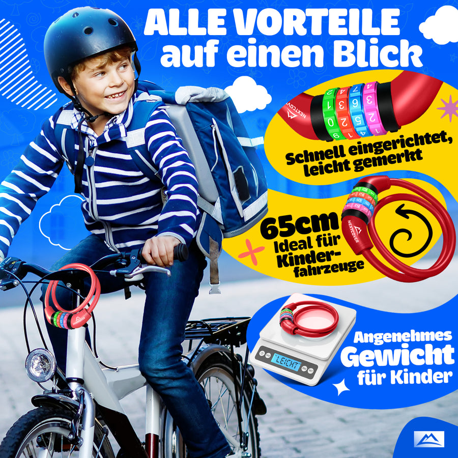 Nextcover Kinder Fahrradschloss – das perfekte Geschenk für Kinder zum Geburtstag, zur Einschulung, zum Kita-Start oder zu Weihnachten. Buntes Zahlenschloss mit 3 Jahren Garantie, ideal für junge Radfahrer als sichere und praktische Geschenkidee.