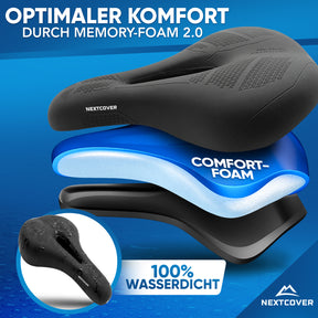 Nextcover ComfortOne Fahrradsattel mit Memory-Foam 2.0, ausgezeichnet als Vergleichssieger (Sehr Gut), ergonomisch zertifiziert und nominiert für den Innovationspreis Ergonomie 2025.