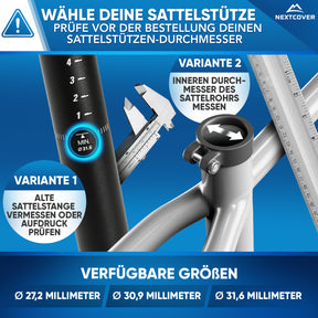 Nextcover Sattelstütze: Anleitung zum richtigen Messen des Durchmessers (27,2 mm, 30,9 mm, 31,6 mm) per Messschieber an alter Sattelstange oder innen am Sattelrohr, um die passende Größe zu bestellen.