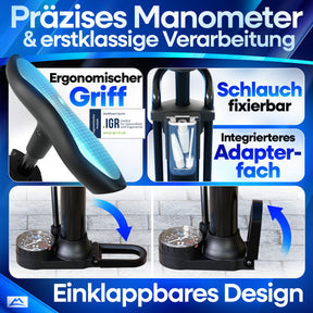 AirOne Fahrradpumpe mit präzisem Manometer, ergonomischem Griff, einklappbarem Design, fixierbarem Schlauch und integriertem Adapterfach – ideal für komfortables und platzsparendes Aufpumpen.