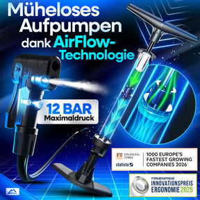 AirPro Fahrradpumpe von Nextcover mit innovativer AirFlow-Technologie, 12 Bar Maximaldruck, präzisem Manometer und mehrfach ausgezeichneter Qualität – ideal für müheloses Aufpumpen aller Reifenarten.