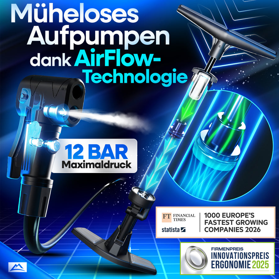 AirPro Fahrradpumpe von Nextcover mit innovativer AirFlow-Technologie, 12 Bar Maximaldruck, präzisem Manometer und mehrfach ausgezeichneter Qualität – ideal für müheloses Aufpumpen aller Reifenarten.