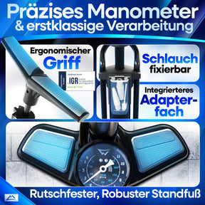 Nextcover AirPro Fahrradpumpe mit präzisem Manometer, ergonomischem Griff, integriertem Adapterfach und rutschfestem Standfuß – hochwertige Standpumpe für maximale Kontrolle beim Aufpumpen.