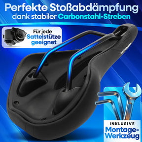 Rückansicht des Nextcover ComfortOne Fahrradsattels mit patentierter Volume-Air Federung für optimale Stoßdämpfung, inklusive Montageset und universeller Kompatibilität mit allen Sattelstützen – ideal für E-Bikes und Cityräder.