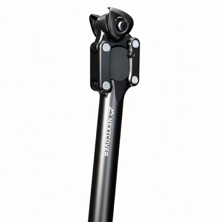 Nextcover gefederte Parallelogramm Fahrrad-Sattelstütze in Schwarz, aus robustem Aluminium und stufenlos einstellbar für optimalen Fahrkomfort auf jedem Gelände.