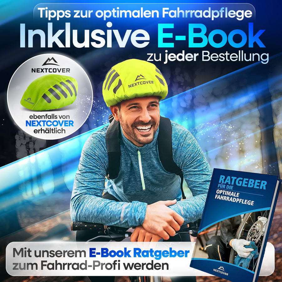 Fahrradfahrer mit Nextcover Helmüberzug, lächelnd auf dem Rad, dazu ein kostenloses E-Book „Ratgeber für die optimale Fahrradpflege“ als Teil des Angebots.
