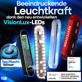BrakePro Rücklicht mit VisionLux-LEDs, Tag-Nacht-Sensor und mehrfacher Testsieger-Auszeichnung für maximale Leuchtkraft und Sichtbarkeit im Straßenverkehr.