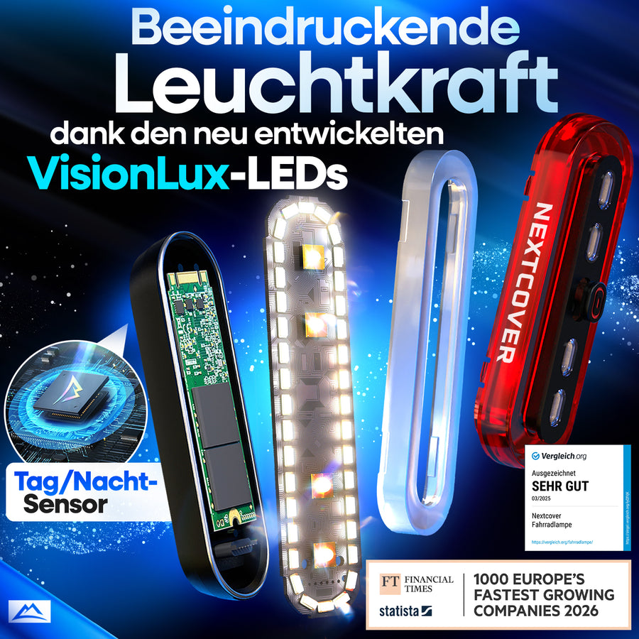 BrakePro Rücklicht mit VisionLux-LEDs, Tag-Nacht-Sensor und mehrfacher Testsieger-Auszeichnung für maximale Leuchtkraft und Sichtbarkeit im Straßenverkehr.