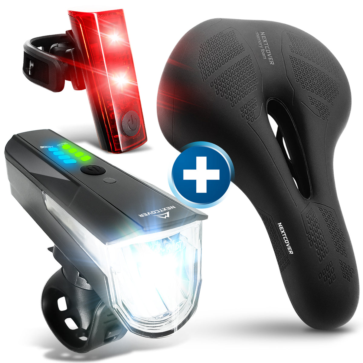 Fahrradsattel ComfortOne & Fahrradlicht LightPro Set für Radtouren
