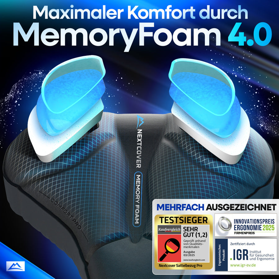 Nextcover ComfortPro Sattel mit MemoryFoam 4.0 – mehrfach ausgezeichnet für ergonomisches Design und zertifiziert durch das IGR Institut, bietet maximalen Sitzkomfort auf jeder Fahrradtour.