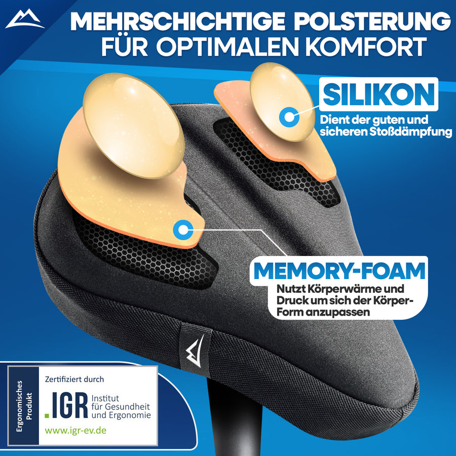 Mehrschichtige Polsterung des Gelsattelbezugs bestehend aus Silikon und Memory-Foam führt zu einer guten und sicheren Stoßdämpfung. Sie nutzt Körperwärme und Druck, sich der Körperform anzupassen, und sorgt dafür für optimalen Komfort. 