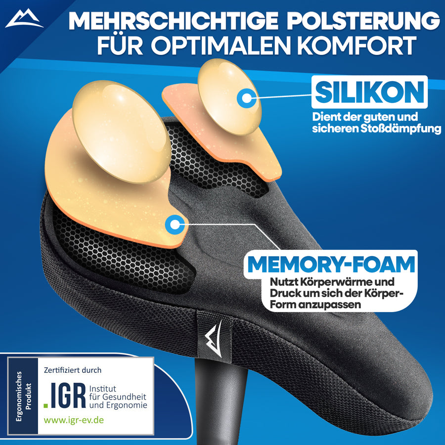 Mehrschichtige Polsterung des Gelsattelbezugs bestehend aus Silikon und Memory-Foam führt zu einer guten und sicheren Stoßdämpfung. Sie nutzt Körperwärme und Druck, sich der Körperform anzupassen, und sorgt dafür für optimalen Komfort. 